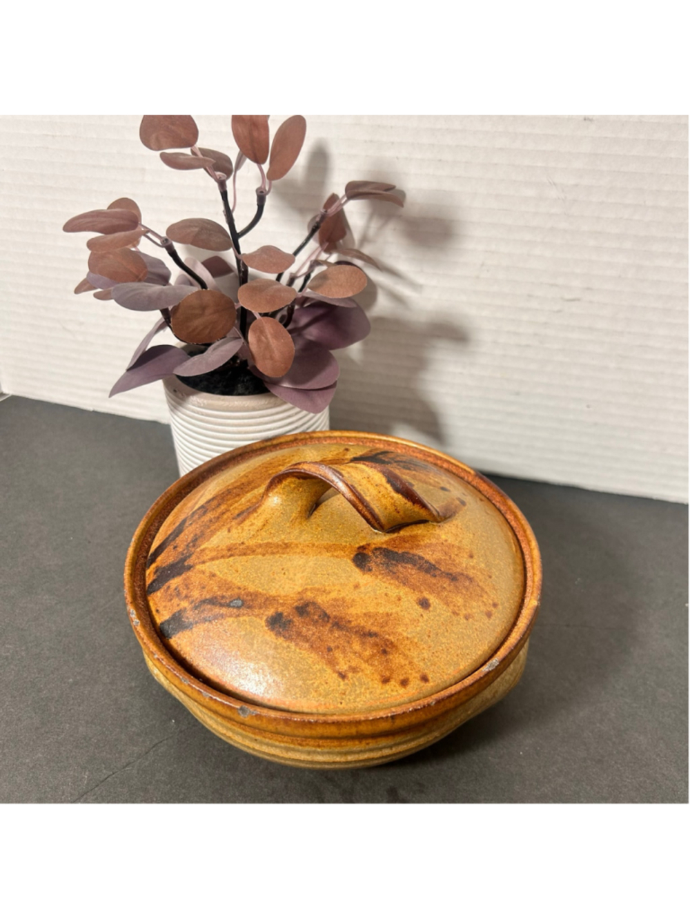VTG Art Pottery Ceramic Lidded Handle Botanical Trinket Bowl Signed Rustic